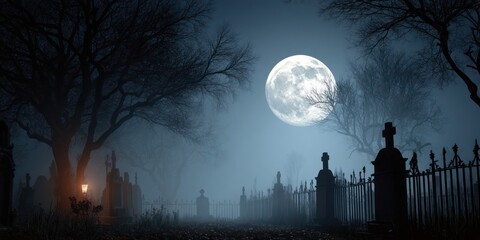 A spooky, misty cemetery with a full moon, trees, gravestones, and a lantern casting a eerie glow. The scene is dark and foreboding, with a sense of mystery and unease.