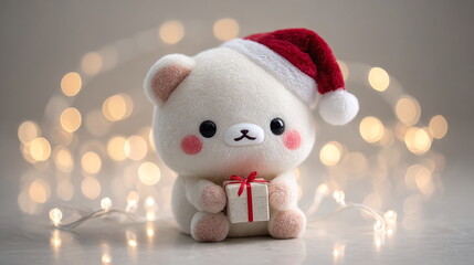 Cute Christmas Bear with Gift and Lights	