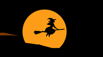 Silhouette of a witch flying on a broomstick against a large, bright orange moon