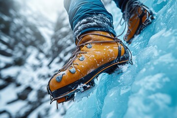 Climber ascends vertical ice with specialized boots in a snowy landscape