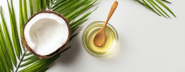 The Coconut Oil and Halved Coconut on Tropical Palm Leaves for Wellness