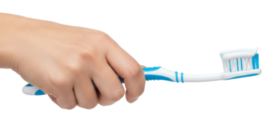 hand holding a blue toothbrush with toothpaste applied on the bristles