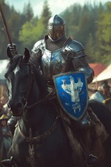Naklejka premium In the city of Turku, Finland, a mounted and armored knight prepares to charge into battle with his lance