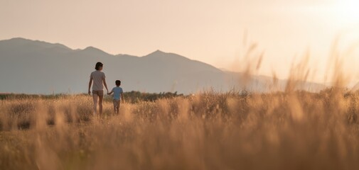 The Mother and Child Walking Through a Golden Meadow at Sunset with Mountains