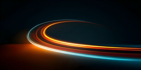 Abstract light trails in vibrant orange and electric blue hues curve dynamically across a dark minimalist background creating a sense of motion and energy