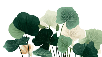 Arrangement of large, overlapping lily pad leaves in shades of green and cream © Mangku