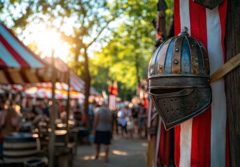 Beautifully displayed is the knight's helmet along with its jousting weapon