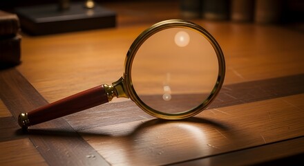 Golden Magnifying Glass on Solid Purple Background, Elegant Tool for Focus and Investigation Concept, Shimmering Lens, High Contrast, Luxury Style.