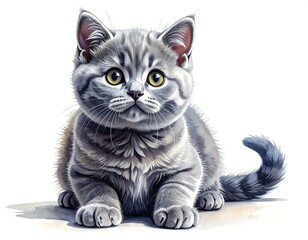 Obraz premium Adorable watercolor illustration of a grey tabby kitten, sitting and looking forward