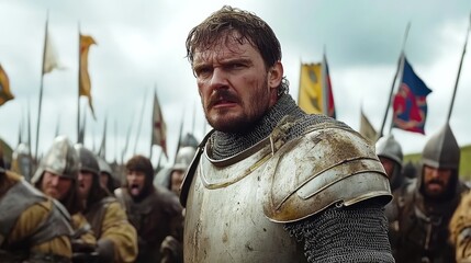 Armored knights on horseback created a tense atmosphere in a medieval battlefield as they charged towards the enemy, culminating in a violent clash of steel