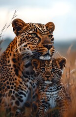 Obraz premium adult leopard with baby cub close portrait wildlife mother and offspring tender moment