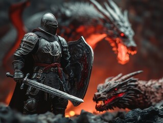 A medieval knight action figure, rendered in 3D, is shown holding a sword and carrying a shield