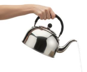 hand pouring water from a stainless steel kettle or teapot