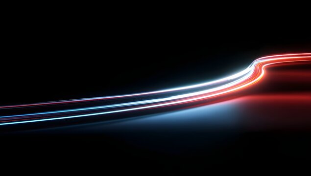 Abstract streaks of vibrant red and cool blue light trails curve across a deep black background creating a dynamic visual effect