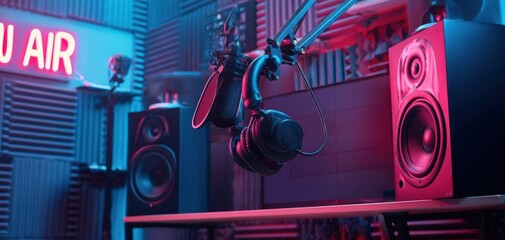 The Microphone and Headphones in a Neon Lit Professional Podcast and Music Studio