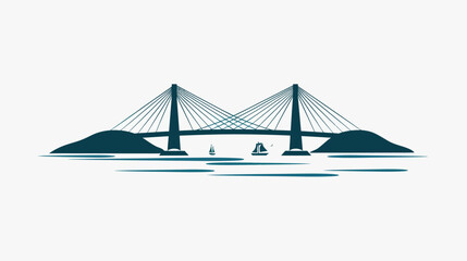 Stylized cable-stayed bridge connecting islands over water with sailboats