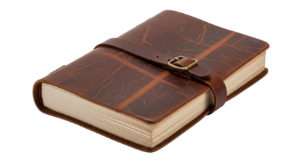Leather journal with strap isolated on transparent background, evoking a sense of adventure, personal reflection, and the preservation of memories and experiences
