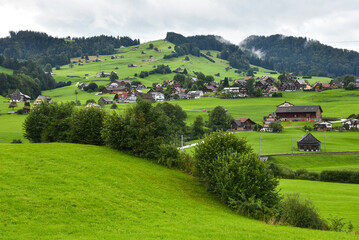 Alpine Mountain Landscape with Traditional Homes in Appenzellerland Region, Switzerland