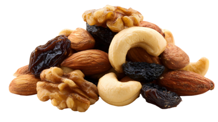 Assorted nuts and dried fruits composition with almonds, cashews, walnuts, and raisins for healthy snacking