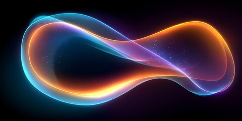 Abstract luminous infinity loop shape with vibrant neon blue and orange glowing light trails against a dark background