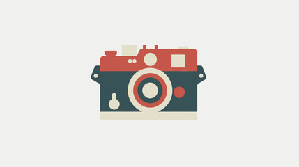 Retro camera with red, blue, and beige colors, and a circular lens