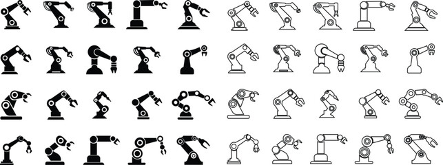 Robotic Arm Icon Set and Industrial Automation Vector Collection Group of Mechanical Robot Hand, Factory Machine, Engineering Technology Symbol in Black Flat and Line Style