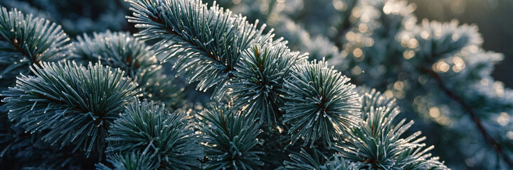 Close-up of pine needles covered in sparkling frost and ice, catching the golden sunlight, creating a beautiful winter and holiday atmosphere