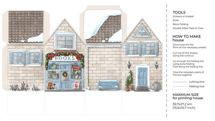 Kids craft winter paper house. Cut and glue cartoon 3D toy doll house. Building paper craft model. Printable template