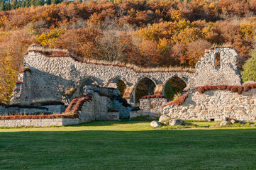 Ruins of Alvastra Abbey during autumn. This Cistercian monastery was founded in 1143 at Alvastra in county Östergötland, Sweden