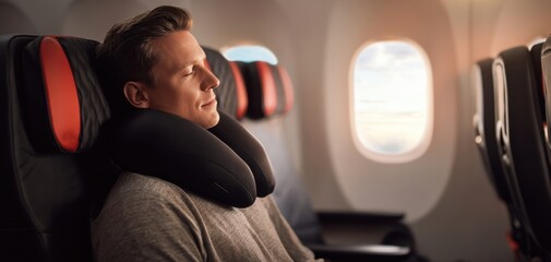 The traveler sleeping peacefully with a neck pillow by the airplane window