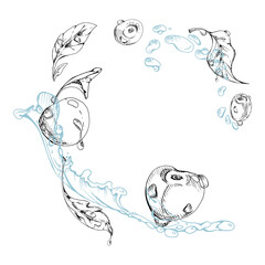 Sweet sour cherry cerise flying in water splashes drops, hand drawn vector ink, ripe line garden berry and leaves. Isolated composition illustration. Restaurant cafe menu, farmers market, wedding