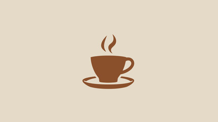 A stylized brown cup of steaming coffee sits on a matching saucer