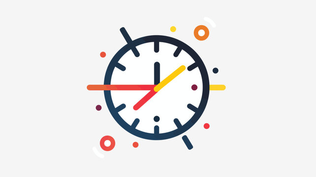 Stylized clock face with bold hands and floating colored circles on white