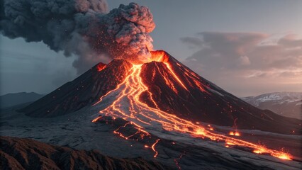 A volcano erupting with lava and smoke in a dramatic landscape