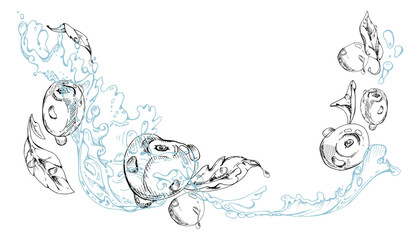 Sour sweet cherry cerise flying in water splashes drops, hand drawn vector ink, ripe line garden berry and leaves. Isolated composition illustration. Restaurant cafe menu, farmers market, wedding