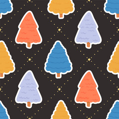 Bright Christmas trees on a dark background. Vector seamless pattern in simple style. Illustration for fabric, wrapping paper, textile.