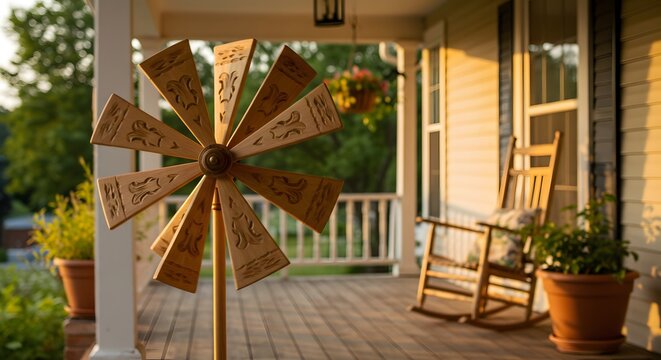 Wooden pinwheel on porch with rocking chair, potted plants, and hanging flowers under warm sunlight