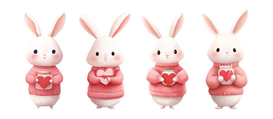 Set of cute bunnies with hearts. White rabbits in pink sweaters holding hearts in their paws. Cartoon bunnies with symbols of love. 