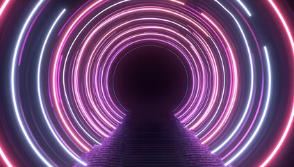 Abstract futuristic tunnel of glowing neon rings in pink and blue hues creating a sense of depth and movement