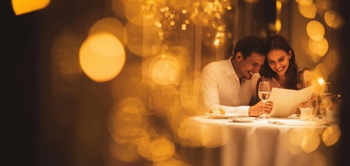 The Couple Sharing a Candlelit Dinner and Wine While Reading the Menu Together
