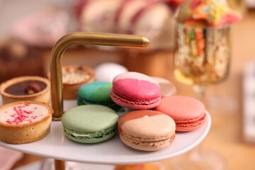 Buffet menu. Different delicious desserts on table, selective focus