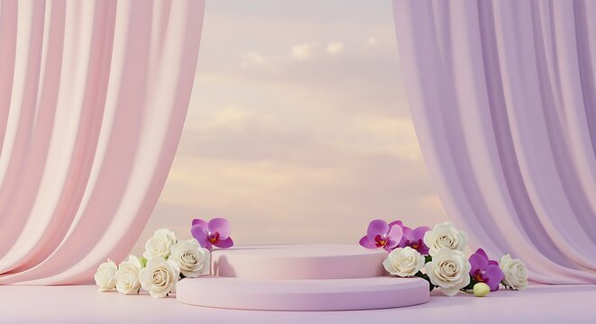 Pastel podium  and cloudy  sunset sky reflections. Delicate tulle curtain. white  roses, purple orchids add elegance. Ideal for product display, branding, cosmetics, or romantic visual concepts. warm  - Powered by Adobe