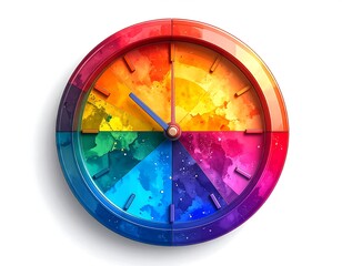 Vibrant circular clock showcasing a spectrum of colors, with blue hands