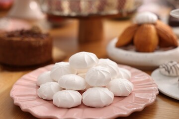 Buffet menu. Different delicious desserts on table, selective focus