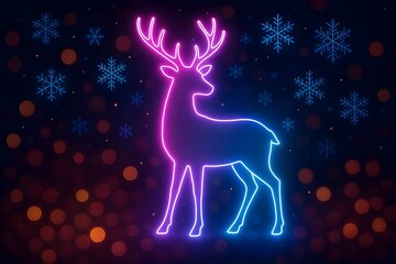 christmas neon reindeer silhouette with snowflakes and bokeh lights background.
