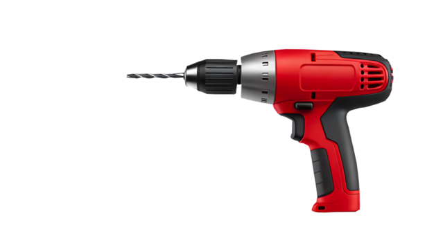 Red electric drill isolated on white background power tool for construction and repair work  
