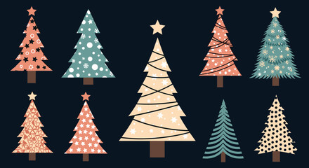 Obraz premium A collection of festive and decorative Christmas trees in various patterns and colors on a dark background.