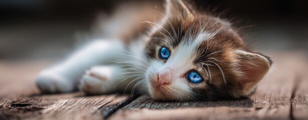The kitten with striking blue eyes resting on rustic wooden floor, soft natural light