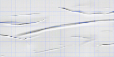 Background of crumpled sheet of aperu in a cell. White blank sheet of notebook or notebook in a cell with effect of wrinkles and folds. Vector texture of paper with mathematical grid.