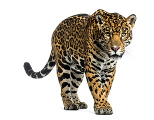 Obraz premium A majestic jaguar, its coat a beautiful pattern of spots and rosettes, stands poised. Its intent gaze captures attention as it strides forward